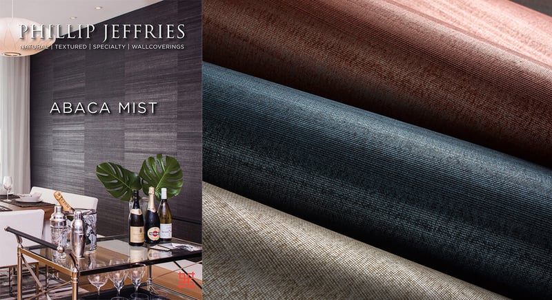 Textured wallcovering rolls in copper, teal and champagne
